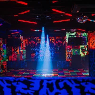 Neon-lit interior at Deluxx Fluxx with original artwork and club lighting